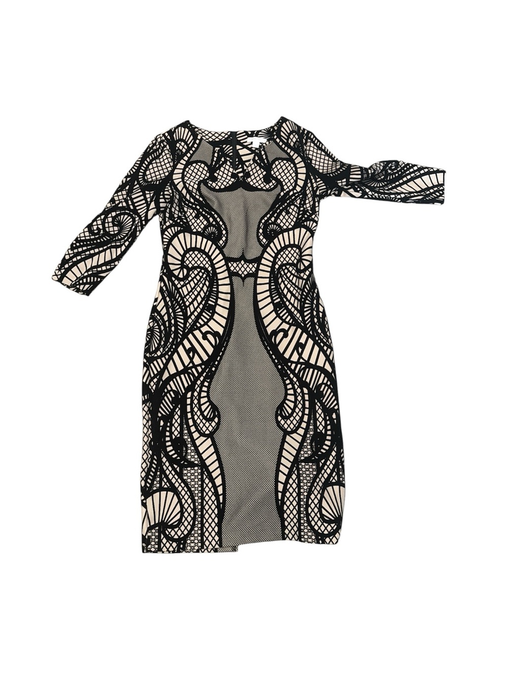 New York & Company Black and Nude Lace-Effect Long Sleeve Bodycon Dress